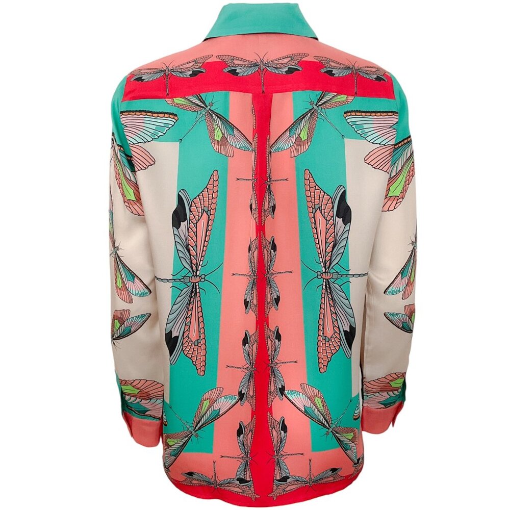 Franco Ferrari Coral / Aqua Insect Print Silk Blouse - Picture 3 of 4
